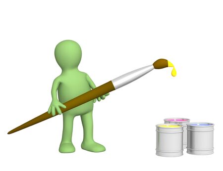 Artist puppet with a brush and paints. Object over whiteの写真素材