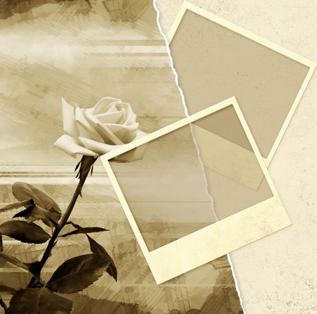 Grunge background with rose and photoframesの写真素材