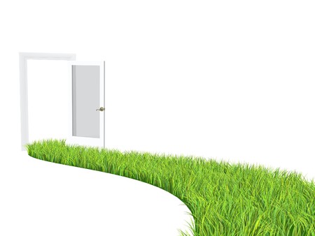 Conceptual image - road with bright green grassの写真素材