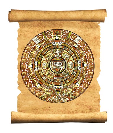 Maya calendar on ancient parchment - over whiteの写真素材