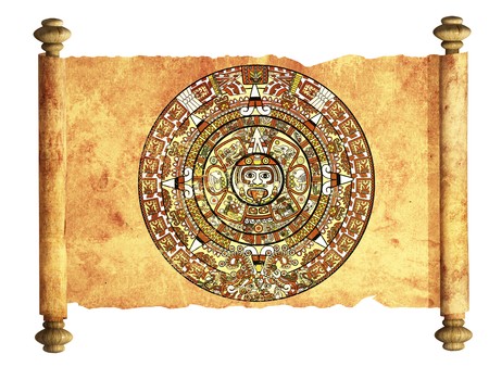 Maya calendar on ancient parchment - over whiteの写真素材