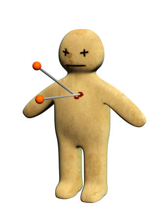 Dark series - standing voodoo doll, pierced with pins. Isolated over whiteの写真素材