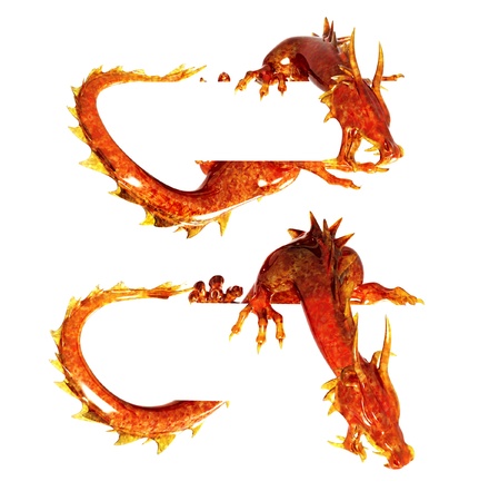 Set - two statues dragons of jasper. Isolated over whiteの写真素材