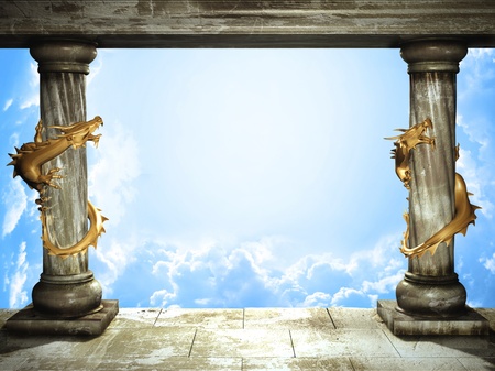 Frame with two medieval columns, golden dragons and cloudsの写真素材