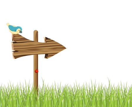 Wooden signboard and green grassのイラスト素材