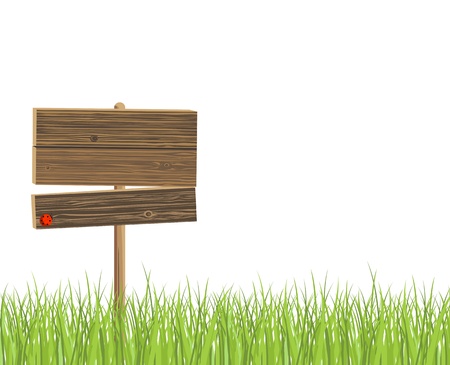 Wooden signboard and green grassのイラスト素材