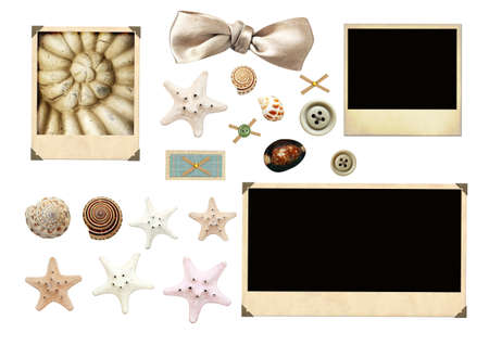 Collection of old photos and starfishes for scrapbooking. Isolated over white