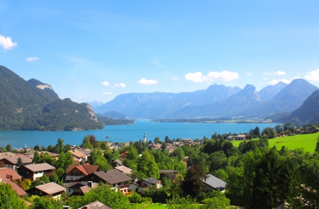 View of the Wolfgangsee lake in the Alps, Austria. Summer dayの写真素材