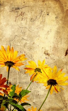 Grunge background with flowers and paper texture の写真素材