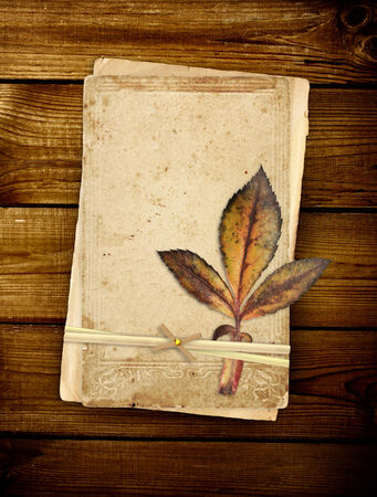 Old cards and dry leaf on wooden planksの写真素材