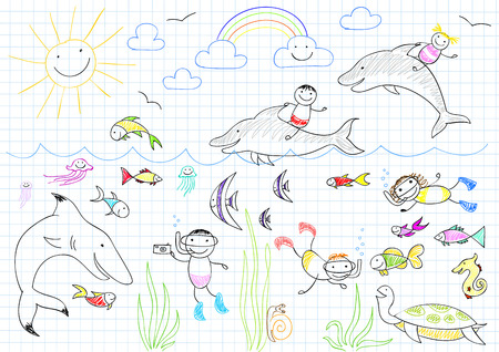 Happy children and sea animals. Sketch on notebook pageのイラスト素材