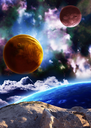 A beautiful space scene with planets and nebula. の写真素材