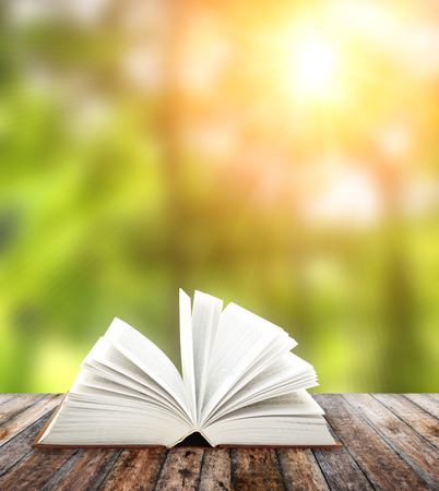 Open book on wooden planksの写真素材