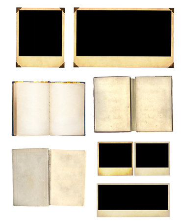 Collection of old books and photos. Object isolated on white backgroundの写真素材