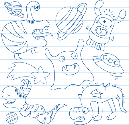 Vector set of aliens and monsters. Sketch on notebook pageのイラスト素材