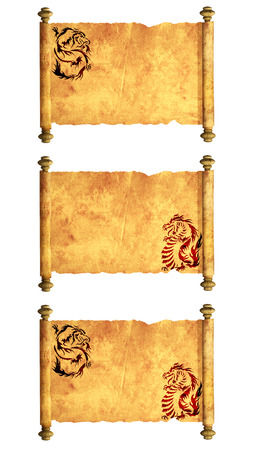 Collection of ancient parchments with the images of dragons. Isolated on white backgroundの写真素材
