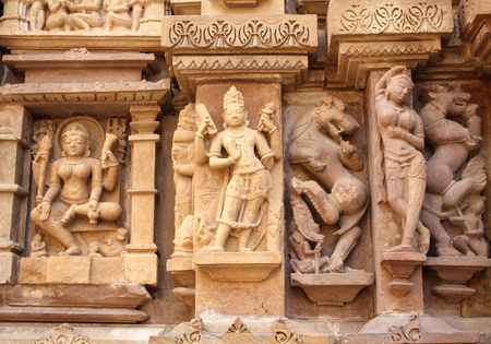 Famous erotic human sculptures at temple in Khajuraho, Indiaの写真素材