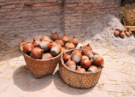 Traditional nepalese pottery in basket, Kathmandu, Nepal