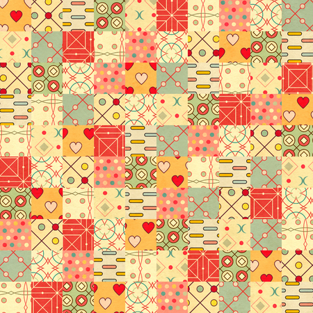 Seamless background in patchwork style with old paper texture and retro geometric ornamental patternの写真素材