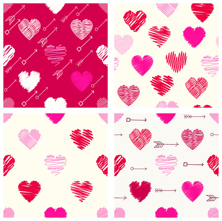 Set of four retro different vector geometric seamless valentine patterns (tiling) with hearts and arrows.のイラスト素材