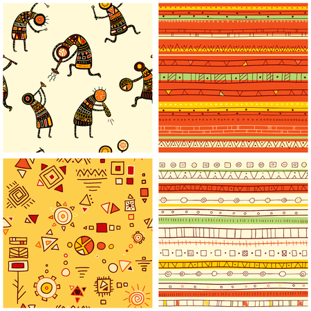 Collection of four seamless patterns with African ethnic patterns of yellow, orange, black and red colorのイラスト素材