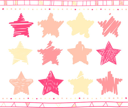 Vector collection of retro scribbled stars with hand drawn style of yellow, pink and magenta colorsのイラスト素材