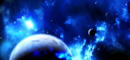 A beautiful space scene with sun, planets and nebula