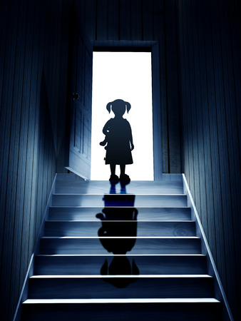 Little girl on steps leading from a dark basement to open the door. 3d renderの写真素材