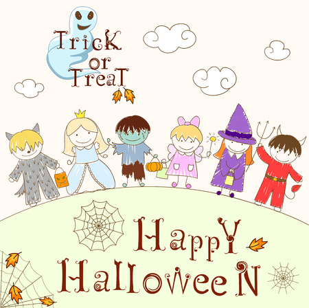 Vector sketches with happy children in Halloween masks. Sketch in doodle style. Inscriptions Happy Halloween and Trick or Treatのイラスト素材
