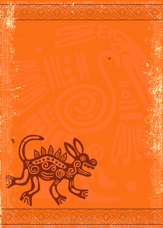 Vector grunge background with American Indian traditional patterns and paper texture of orange colorのイラスト素材