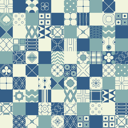 Seamless vector background in patchwork style with geometric patterns (tiling) of blue and ivory color. Endless texture can be used for pattern fills, web page background, surface and textile textures, wallpaperのイラスト素材