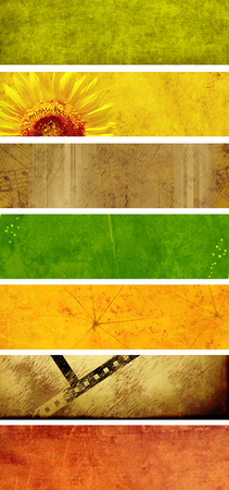Collection banners with texture old paper of different colors - red, brown, green, yellow, orange, and sunflower, filmstrip, notes, leavesの写真素材