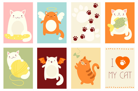 Banner, background, flyer, placard in hand drawn style with cute cats. Holiday poster for scrapbooking. Vector template card for greeting, decoration, congratulation, invitation in retro pastel colorsのイラスト素材