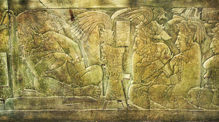Bas-relief carving with of a Mayan kings, pre-Columbian Maya civilization, Palenque, Chiapas,...