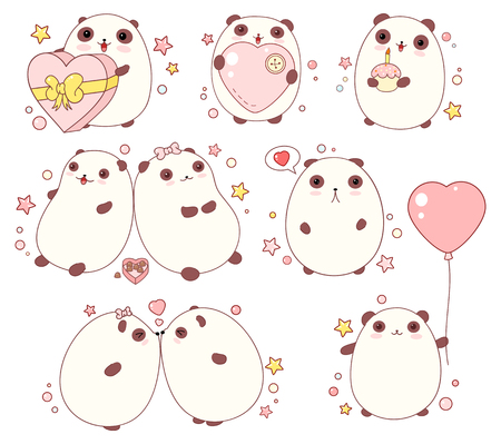 Collection of cute valentine pandas with different emotions in kawaii style. EPS8のイラスト素材