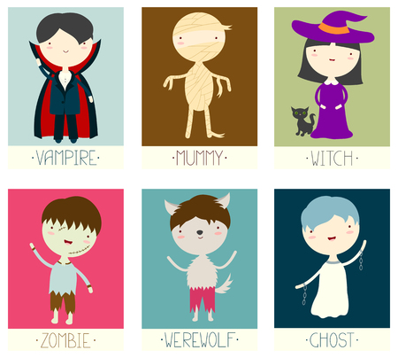 Set of Halloween banner, background, flyer, placard with cute zombie, werewolf, vampire, witch, ghost, mummy.のイラスト素材