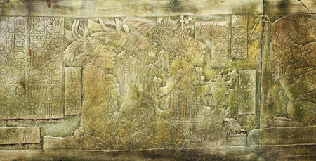 Bas-relief carving with of a Mayan kings, pre-Columbian Maya civilization, Palenque, Chiapas, Mexico. UNESCO world heritage siteの写真素材