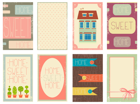 Home sweet home Set of banner, background, flyer, placard with cute house, flowet pot with plant, bow, button, dots pattern.のイラスト素材