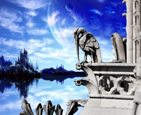 Beautiful fantasy landscape with  plants, ocean, high mountains, sky and old stone statue of pelican. 3d render. Elements of this image furnished by NASAの写真素材