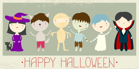 Halloween banner, , flyer, placard with cute children in monsters masks - zombie, werewolf, vampire, witch, ghost, mummy template card for greeting, decoration, congratulation, party invitation.のイラスト素材