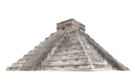 Ancient Mayan pyramid (Kukulcan Temple), Chichen Itza, Yucatan, Mexico. Isolated on white backgroundの写真素材
