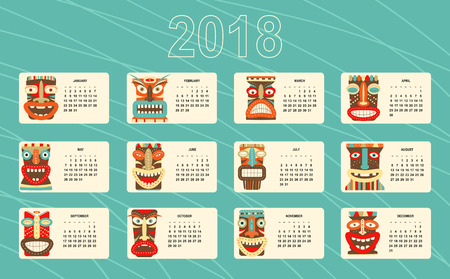Monthly calendar 2018 with of tiki tribal mask. Set of vector horizontal editable templates. EPS8のイラスト素材