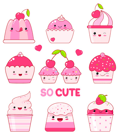 Set of pink cute sweet desserts.のイラスト素材