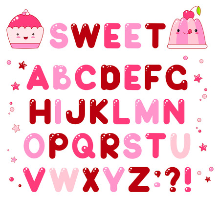 Vector alphabet with caramel candy shiny letters of brown, lilac and red colors. For sweet design.のイラスト素材