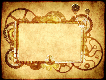 Grunge background with paper texture and metallic frame with vintage machine gears and cogwheel. Mock up template. Can be used for steampunk and mechanical designの写真素材
