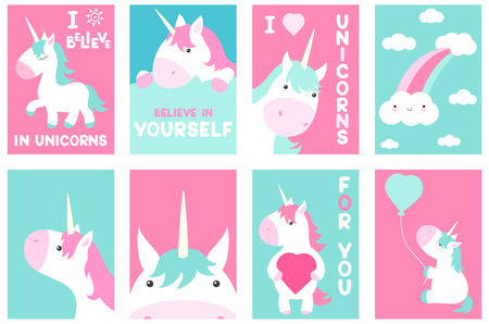 Collection of banner, flyer, placard with cute unicorns. Poster set for scrapbooking. Vector template card for greeting, decoration, congratulation in pink and green colors. EPS8のイラスト素材