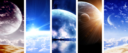 Set of vertical space banners with planets, nebula and stars. 3d render