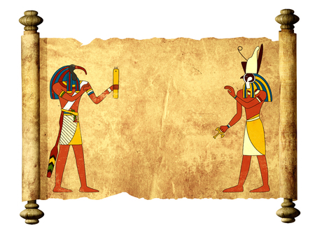 Old parchment with Egyptian gods images Toth and Horus. Mock up template. Copy space for text. Isolated on white background. 3d renderの写真素材