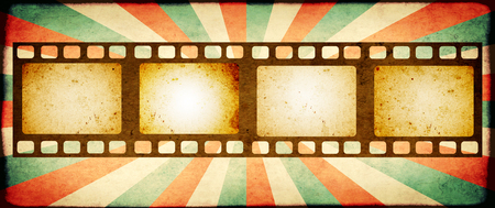Grunge horizontal background with retro filmstrips and old paper texture with striped brust patternの写真素材