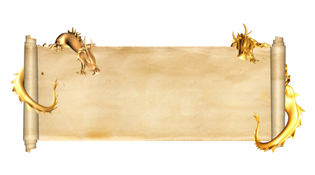 Two gold dragons and scroll of old parchment. Object isolated on white background. Copy space for text. Mock up template. 3d renderの写真素材